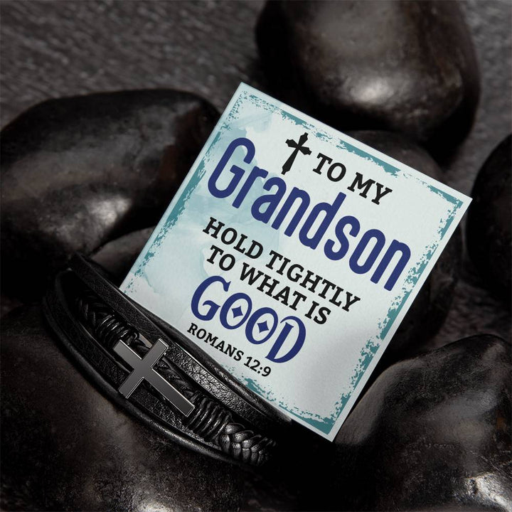 To My Grandson | Men's Cross Leather Bracelet