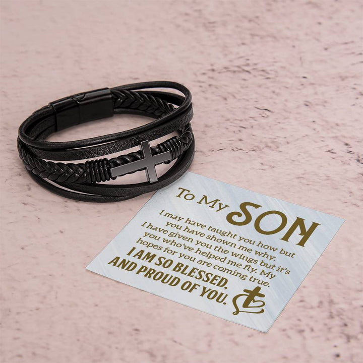 To My Son | I am so Blessed and Proud of You -  Men's Cross Leather Bracelet