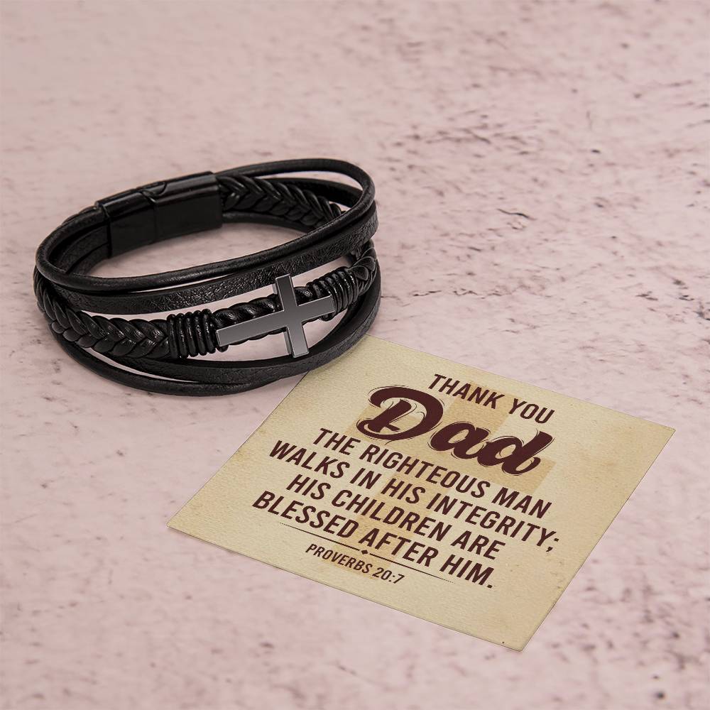 Thank you Dad | The righteous man walks in his integrity - Men's Cross Leather Bracelet