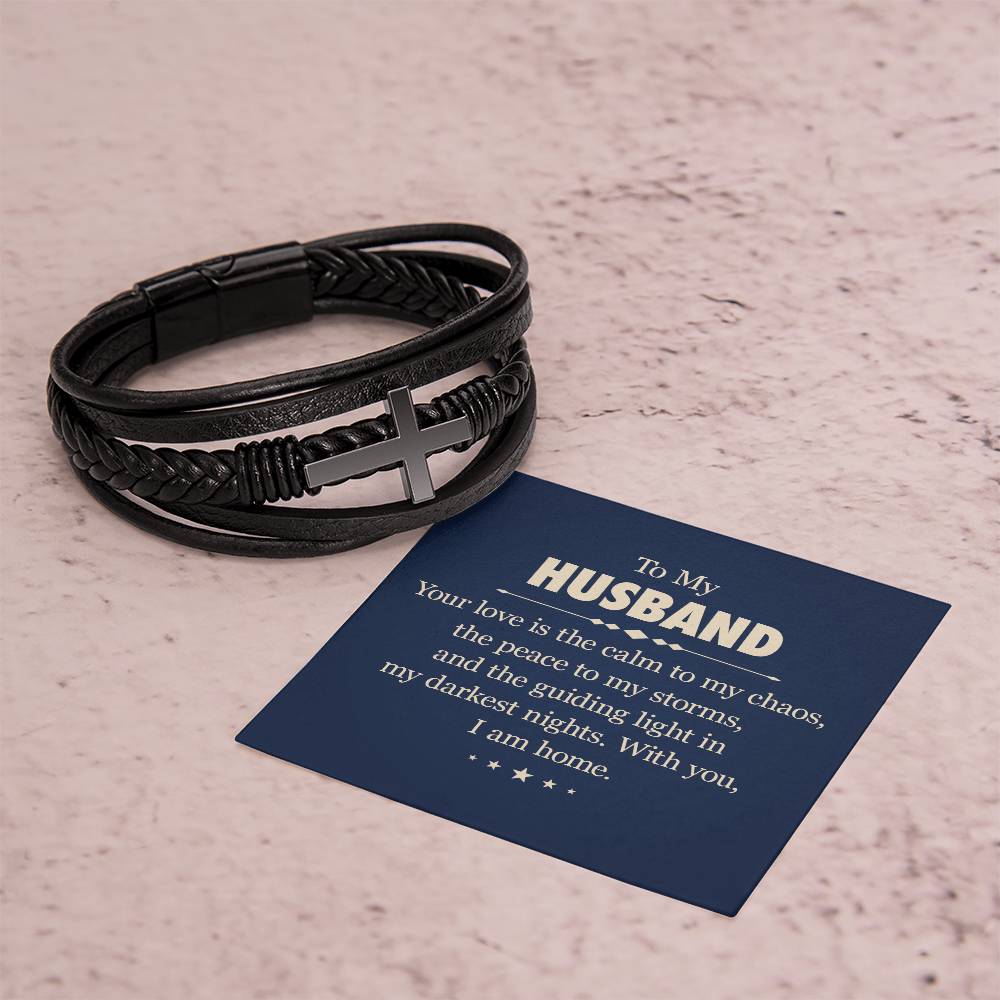 To My Husband | Your love is the calm to my chaos - Men's Cross Leather Bracelet