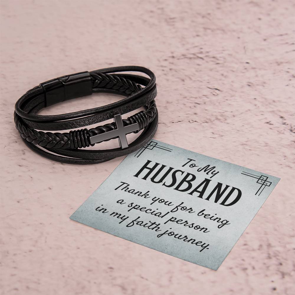 To My Husband | Thank you for being a special person in my Faith journey - Men's Cross Leather Bracelet