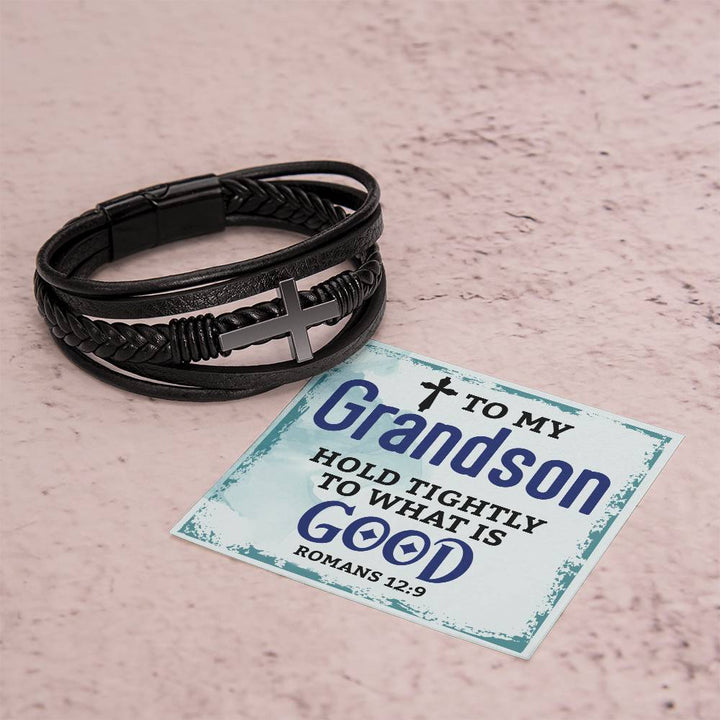 To My Grandson | Men's Cross Leather Bracelet