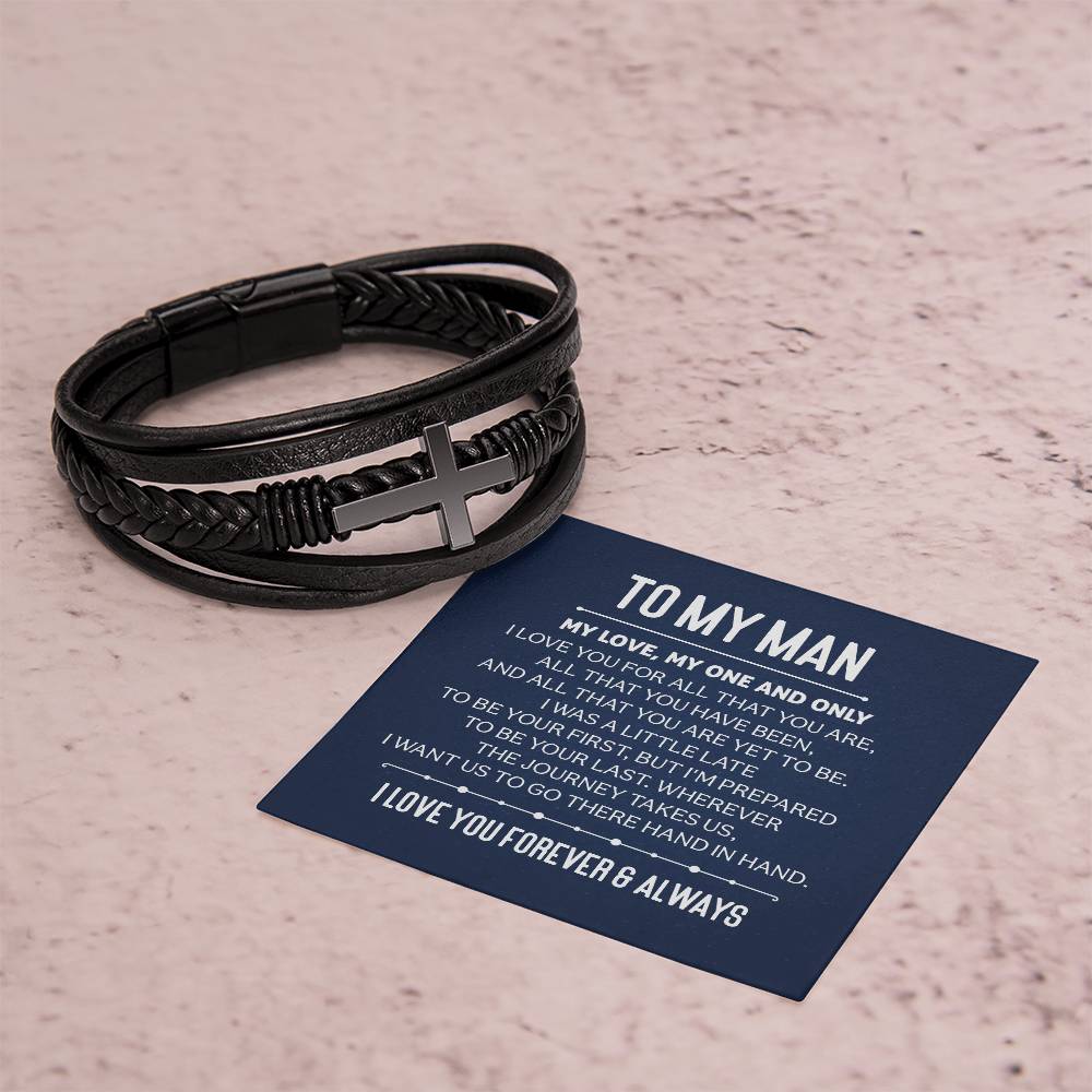 To My Man | My Love, My One and Only - Men's Cross Leather Bracelet