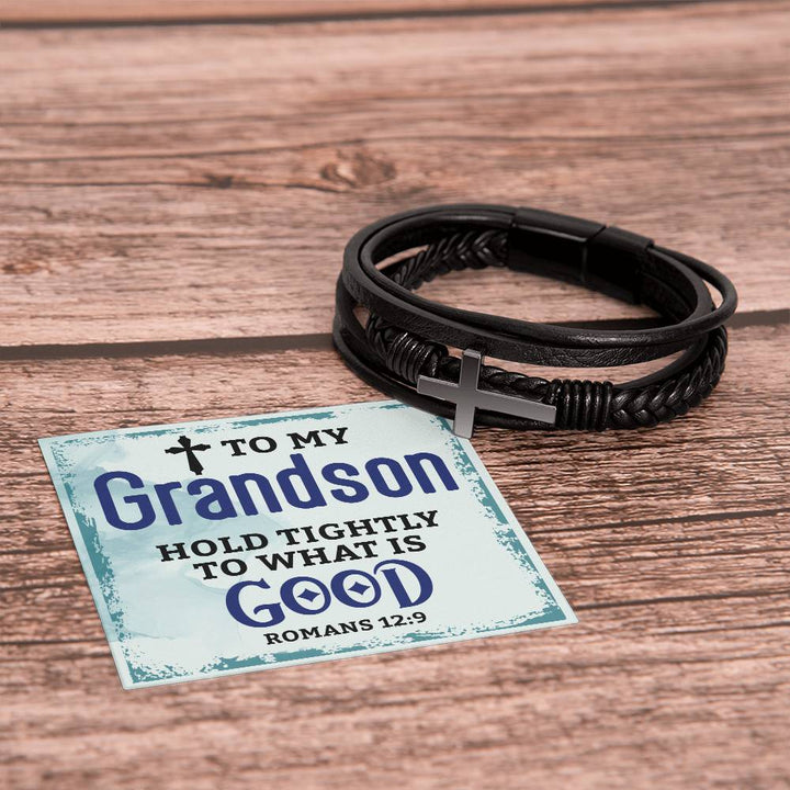 To My Grandson | Men's Cross Leather Bracelet