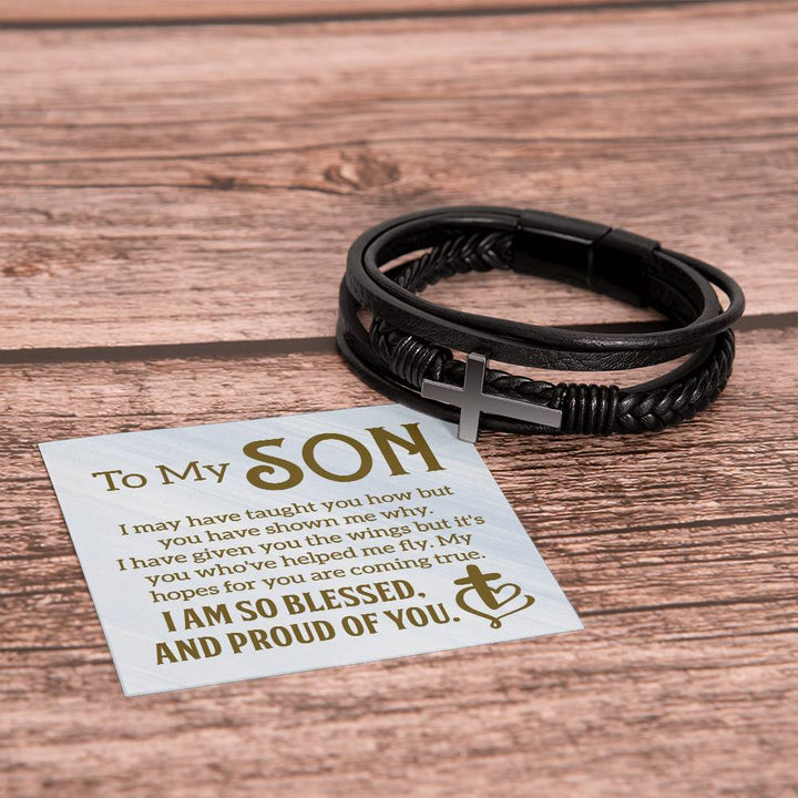 To My Son | I am so Blessed and Proud of You -  Men's Cross Leather Bracelet