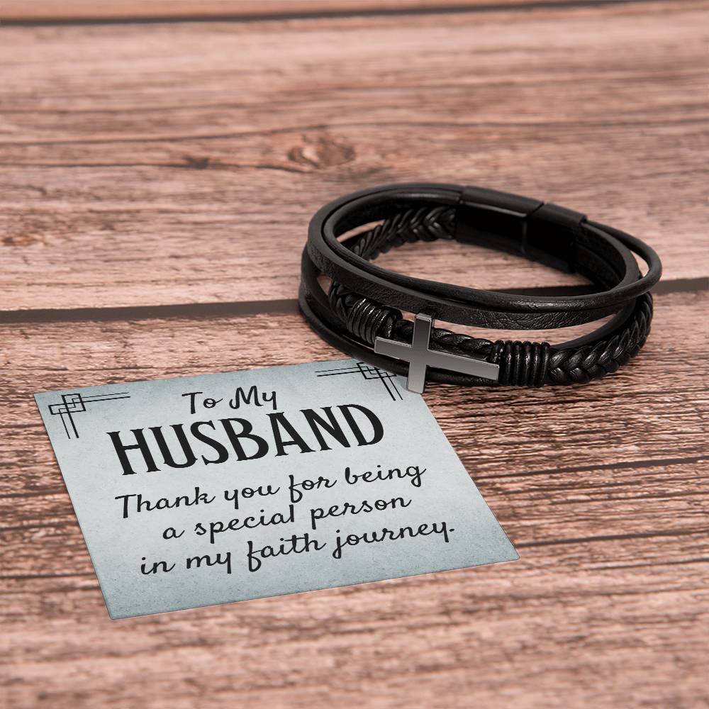 To My Husband | Thank you for being a special person in my Faith journey - Men's Cross Leather Bracelet