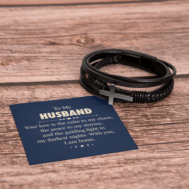 To My Husband | Your love is the calm to my chaos - Men's Cross Leather Bracelet