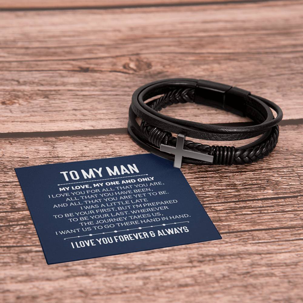 To My Man | My Love, My One and Only - Men's Cross Leather Bracelet