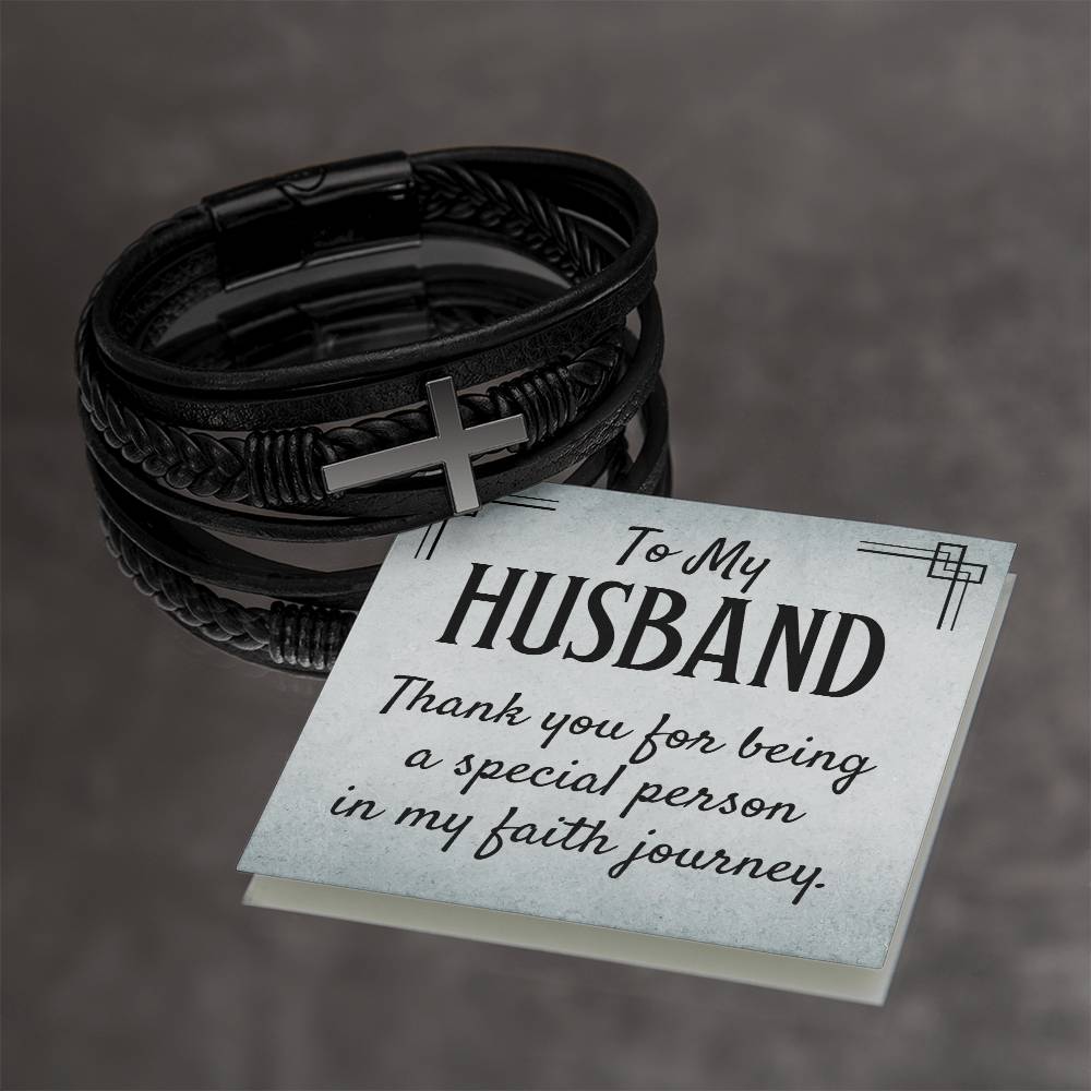 To My Husband | Thank you for being a special person in my Faith journey - Men's Cross Leather Bracelet