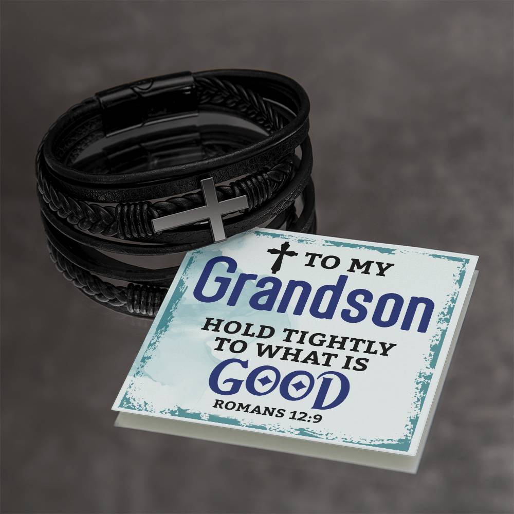 To My Grandson | Men's Cross Leather Bracelet