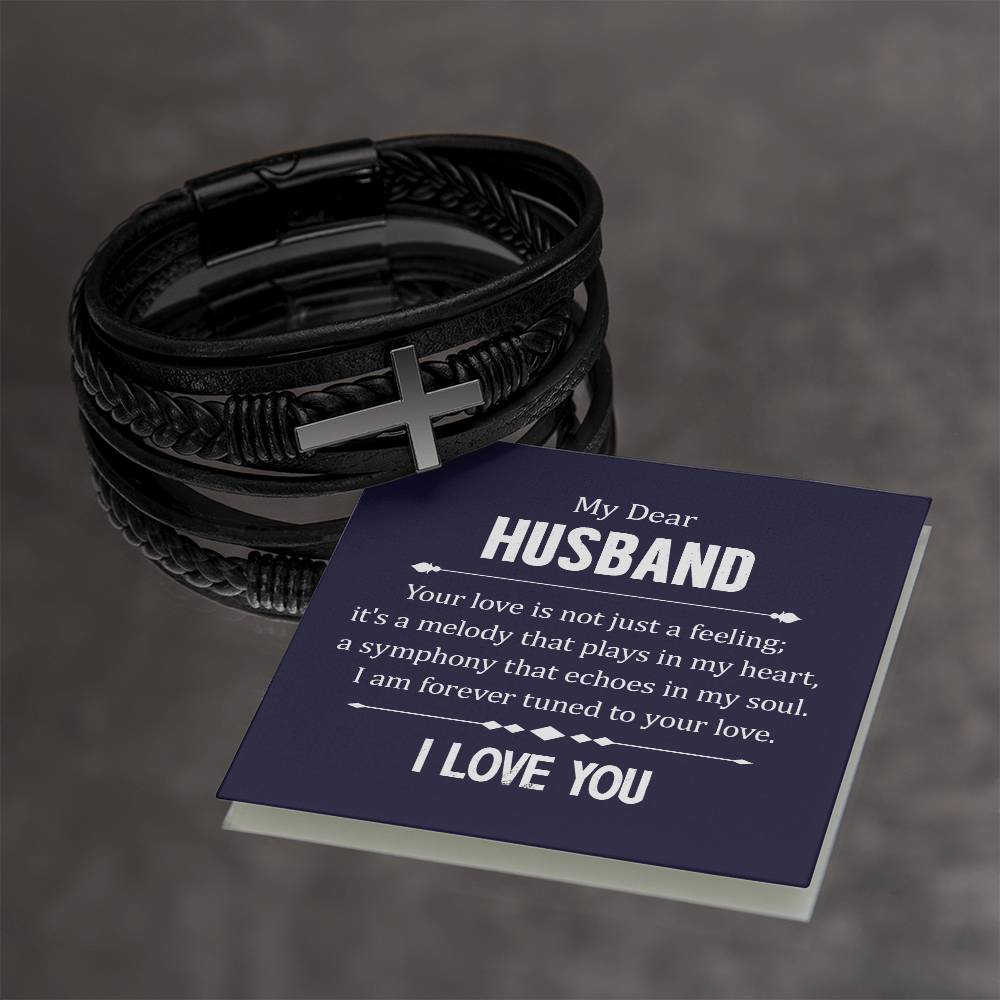 To My Dear Husband | I am forever turned to your Love - Men's Cross Leather Bracelet