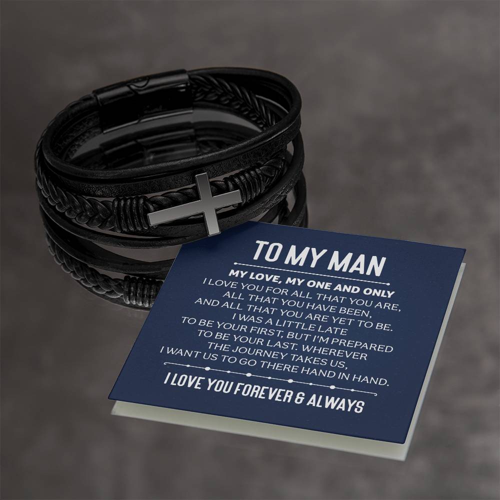 To My Man | My Love, My One and Only - Men's Cross Leather Bracelet