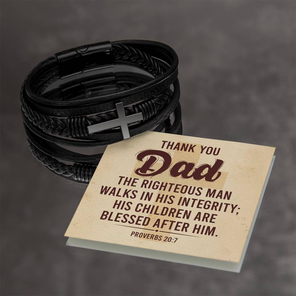 Thank you Dad | The righteous man walks in his integrity - Men's Cross Leather Bracelet