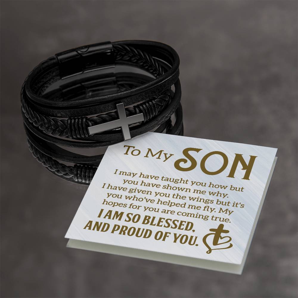 To My Son | I am so Blessed and Proud of You -  Men's Cross Leather Bracelet