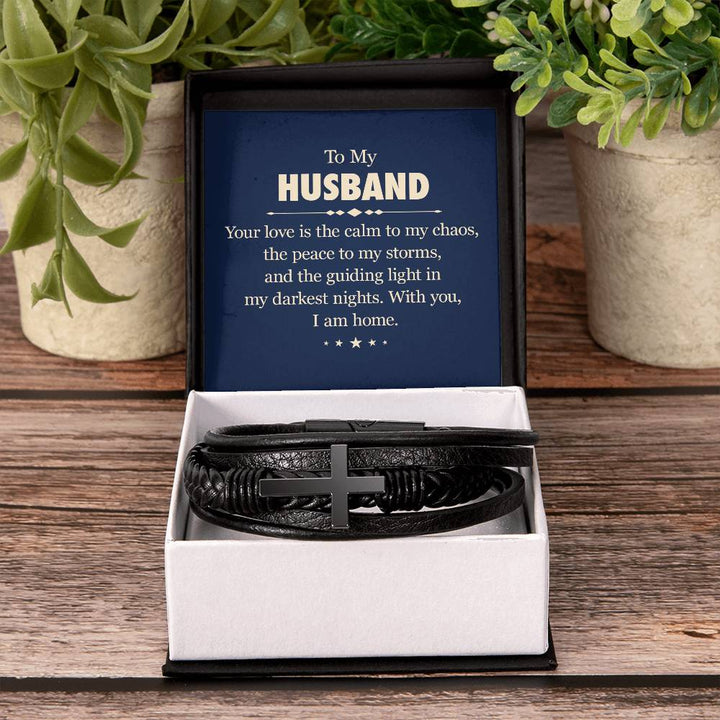 To My Husband | Your love is the calm to my chaos - Men's Cross Leather Bracelet