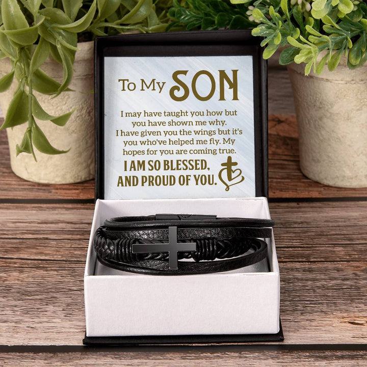 To My Son | I am so Blessed and Proud of You -  Men's Cross Leather Bracelet