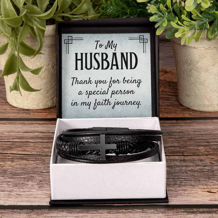 To My Husband | Thank you for being a special person in my Faith journey - Men's Cross Leather Bracelet