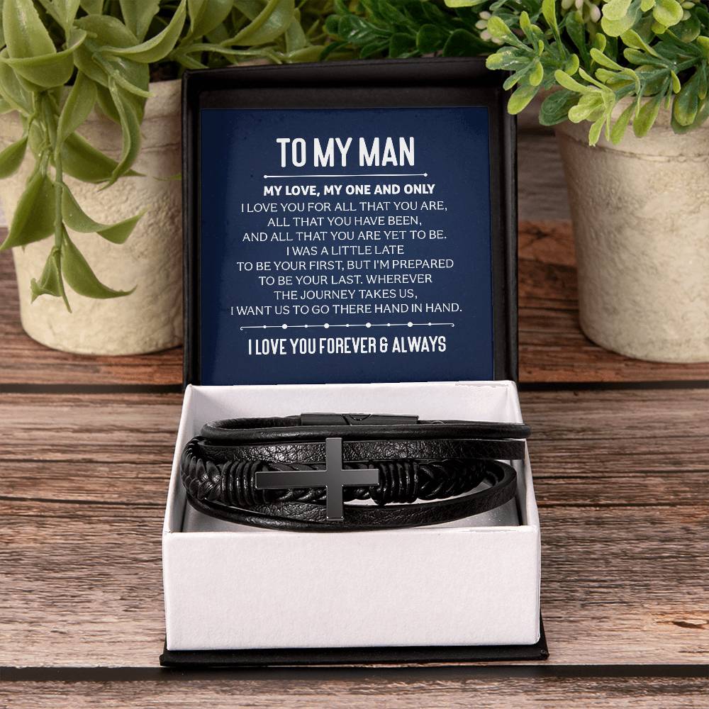 To My Man | My Love, My One and Only - Men's Cross Leather Bracelet