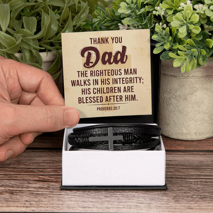 Thank you Dad | The righteous man walks in his integrity - Men's Cross Leather Bracelet