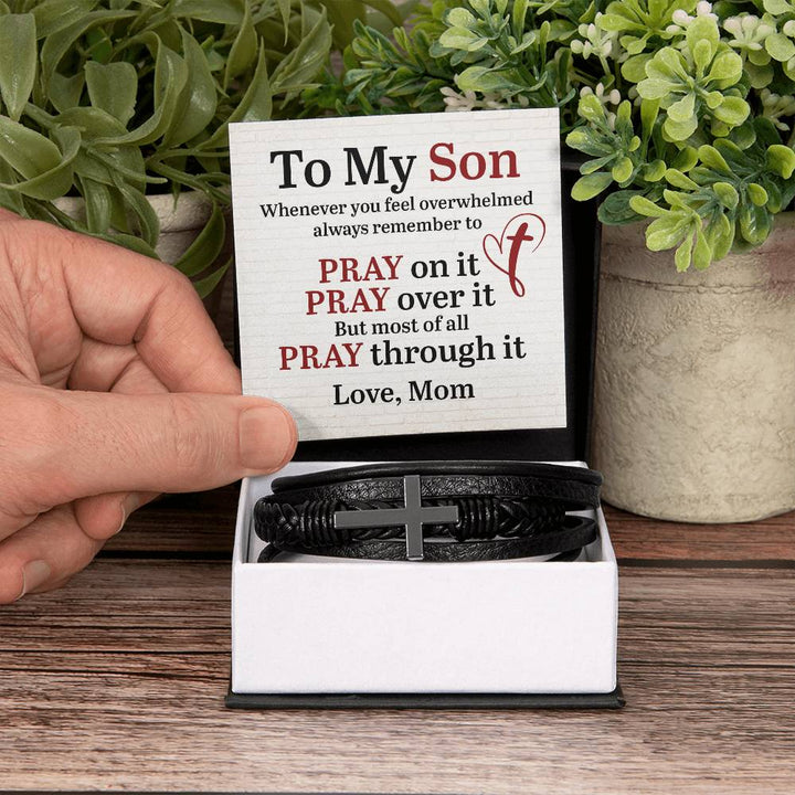 To My Son | Whenever you feel overwhelmed always to remember to Pray - Men's Cross Leather Bracelet