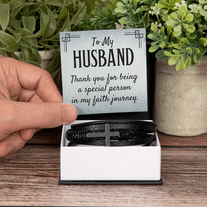 To My Husband | Thank you for being a special person in my Faith journey - Men's Cross Leather Bracelet