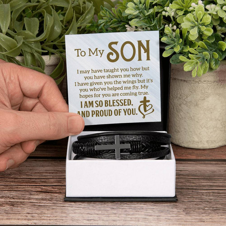 To My Son | I am so Blessed and Proud of You -  Men's Cross Leather Bracelet