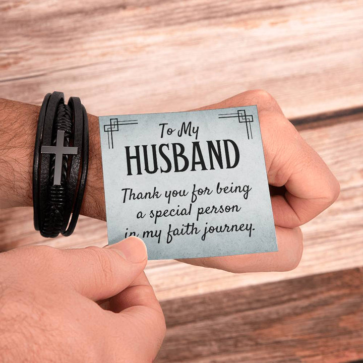 To My Husband | Thank you for being a special person in my Faith journey - Men's Cross Leather Bracelet