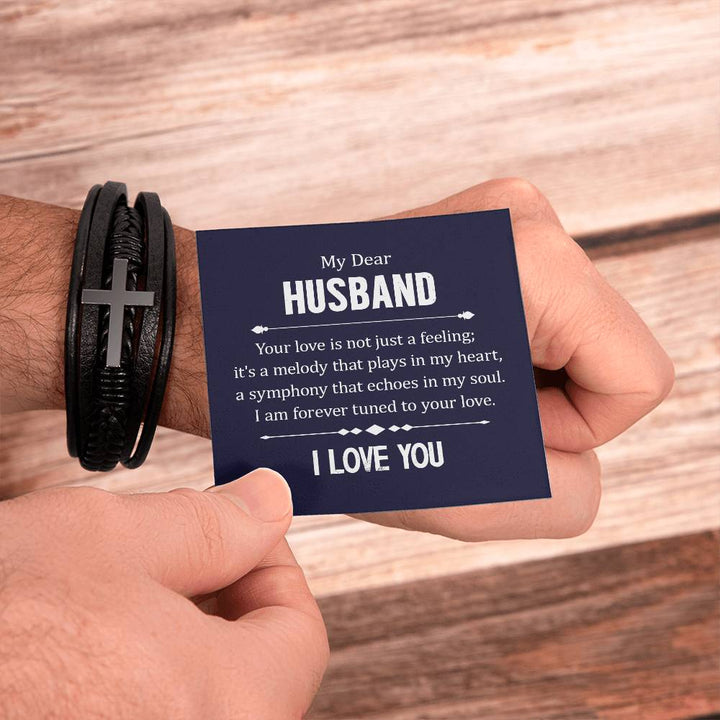 To My Dear Husband | I am forever turned to your Love - Men's Cross Leather Bracelet