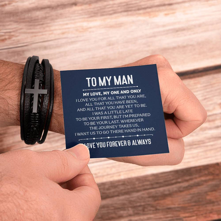 To My Man | My Love, My One and Only - Men's Cross Leather Bracelet