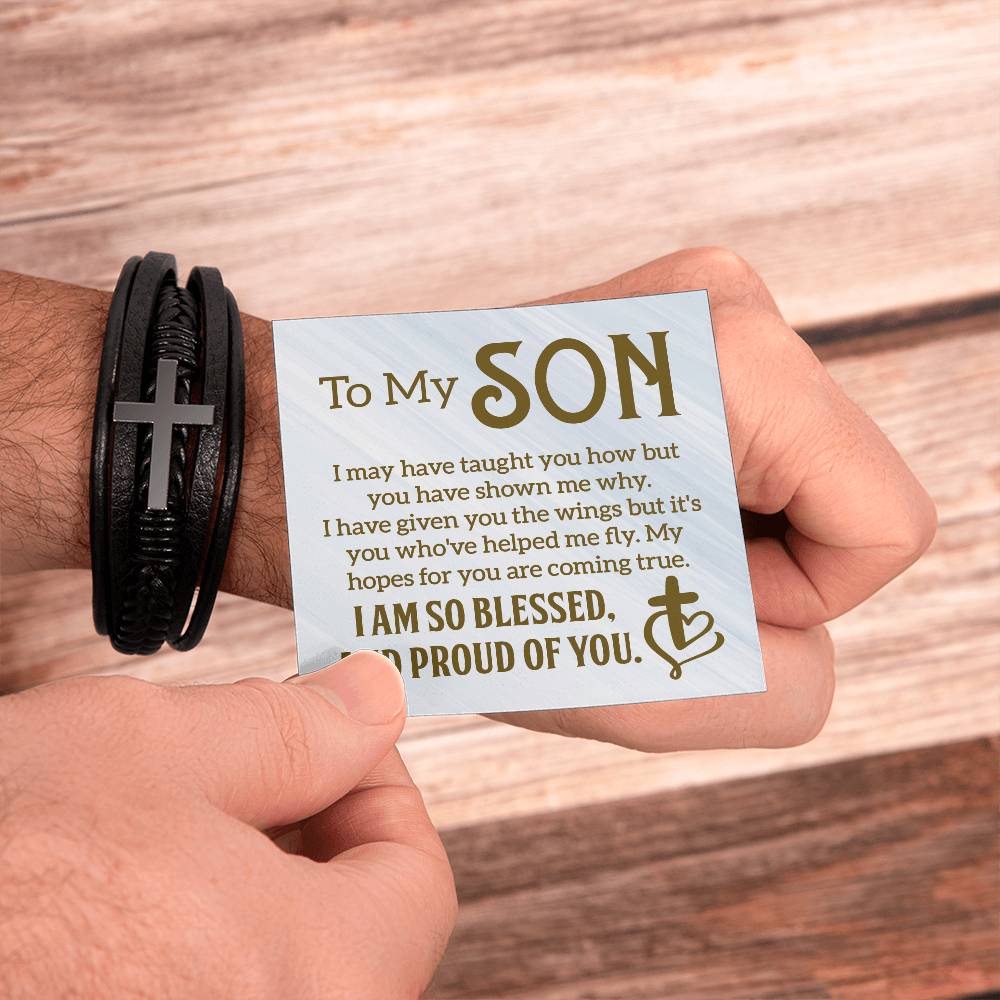 To My Son | I am so Blessed and Proud of You -  Men's Cross Leather Bracelet