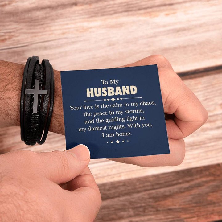 To My Husband | Your love is the calm to my chaos - Men's Cross Leather Bracelet