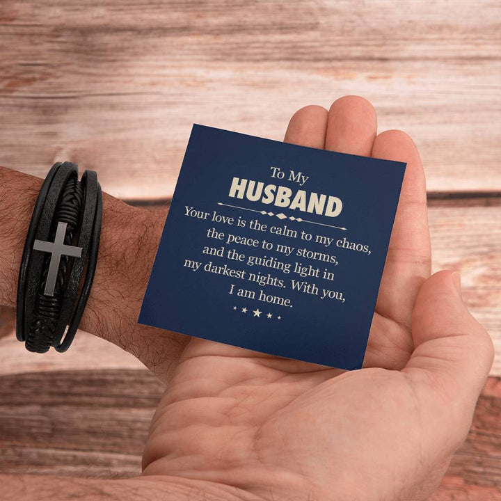 To My Husband | Your love is the calm to my chaos - Men's Cross Leather Bracelet