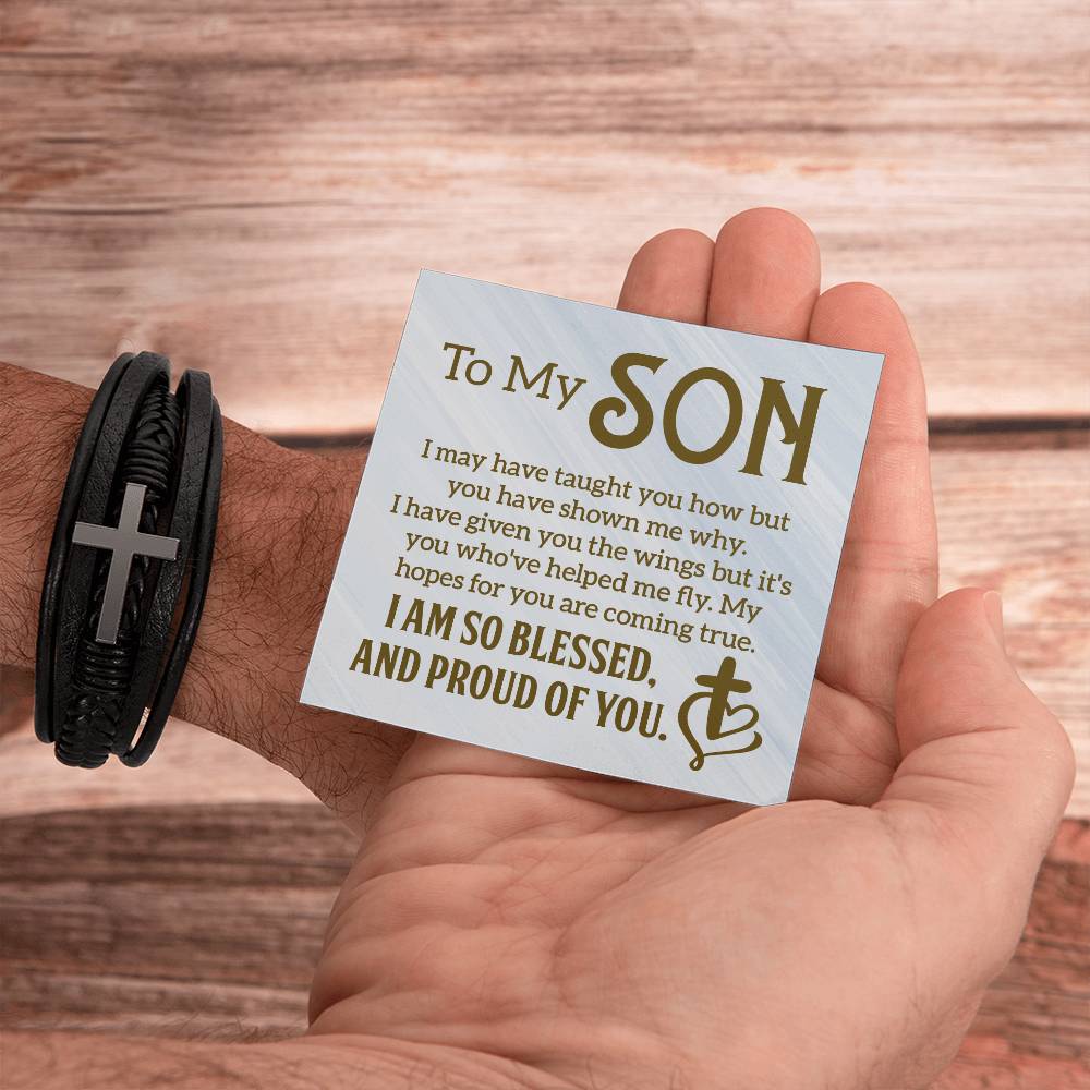 To My Son | I am so Blessed and Proud of You -  Men's Cross Leather Bracelet