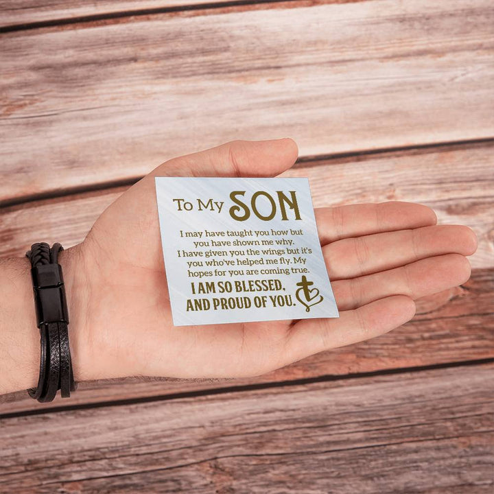 To My Son | I am so Blessed and Proud of You -  Men's Cross Leather Bracelet