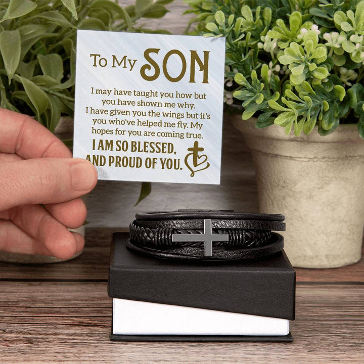 To My Son | I am so Blessed and Proud of You -  Men's Cross Leather Bracelet