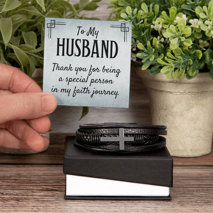 To My Husband | Thank you for being a special person in my Faith journey - Men's Cross Leather Bracelet