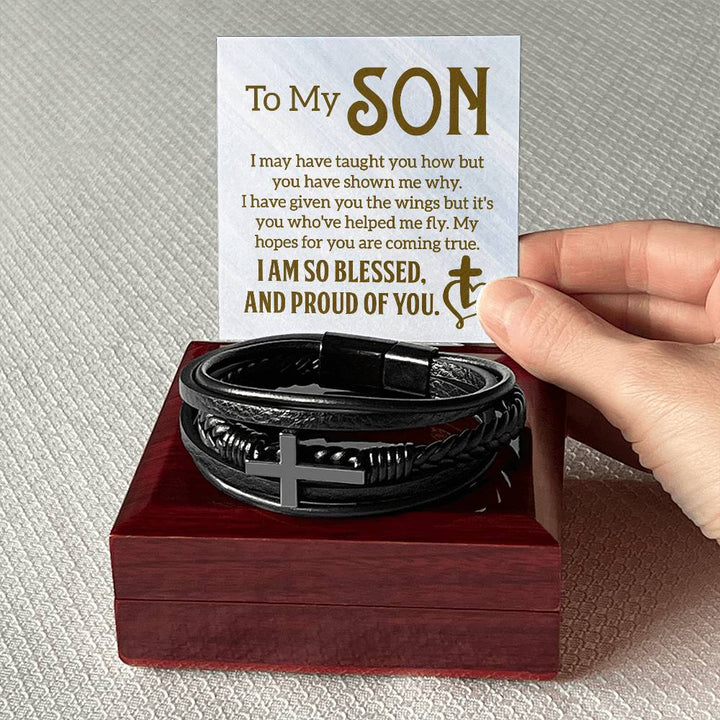 To My Son | I am so Blessed and Proud of You -  Men's Cross Leather Bracelet