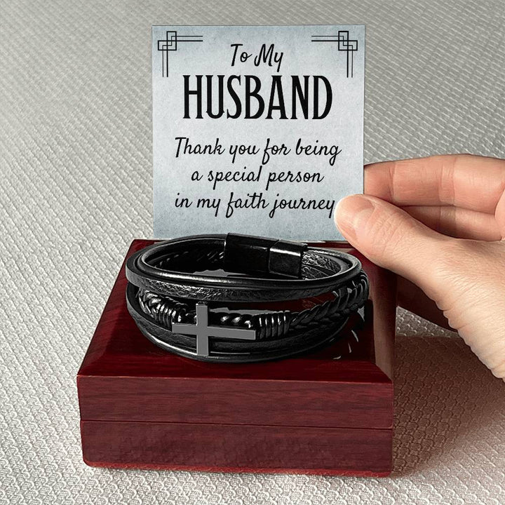 To My Husband | Thank you for being a special person in my Faith journey - Men's Cross Leather Bracelet