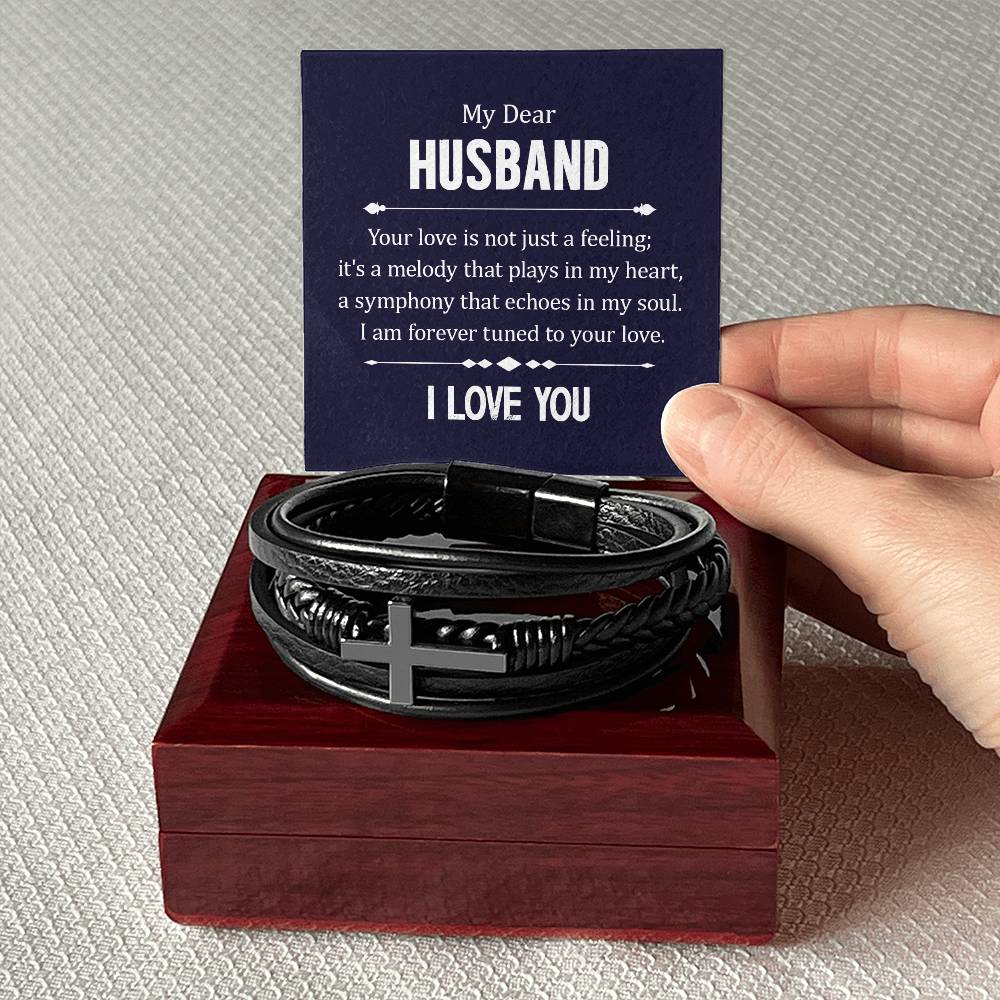 To My Dear Husband | I am forever turned to your Love - Men's Cross Leather Bracelet