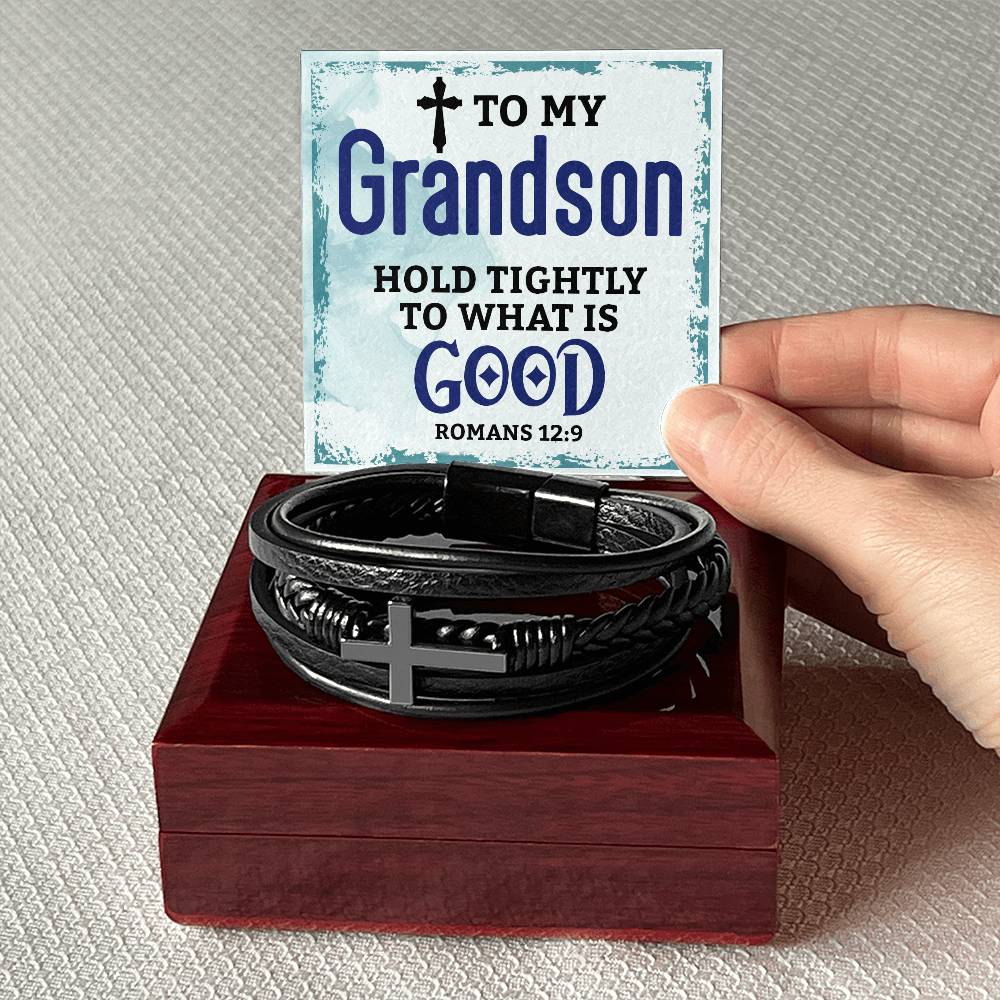 To My Grandson | Men's Cross Leather Bracelet