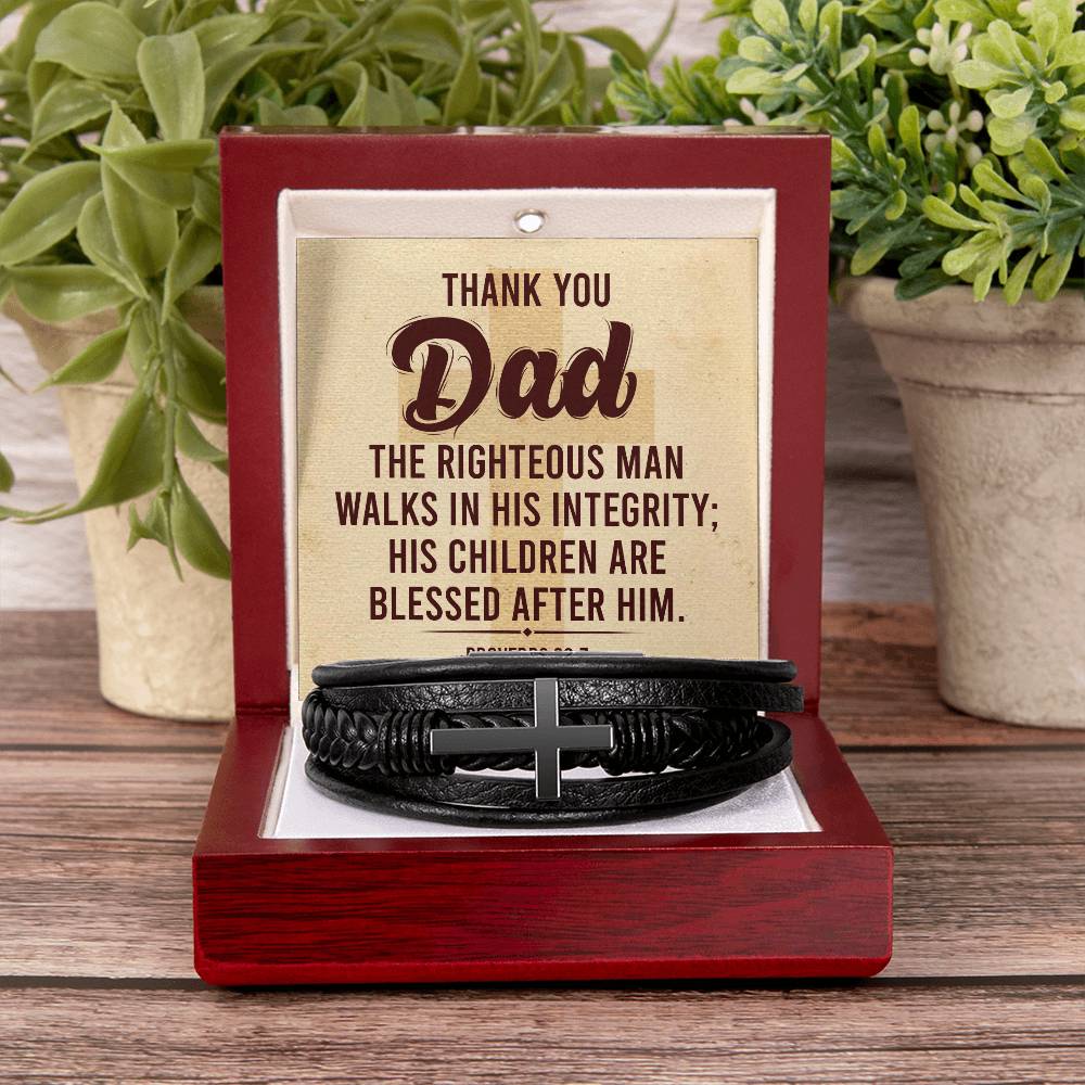 Thank you Dad | The righteous man walks in his integrity - Men's Cross Leather Bracelet