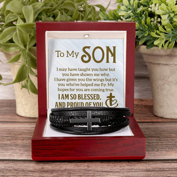 To My Son | I am so Blessed and Proud of You -  Men's Cross Leather Bracelet