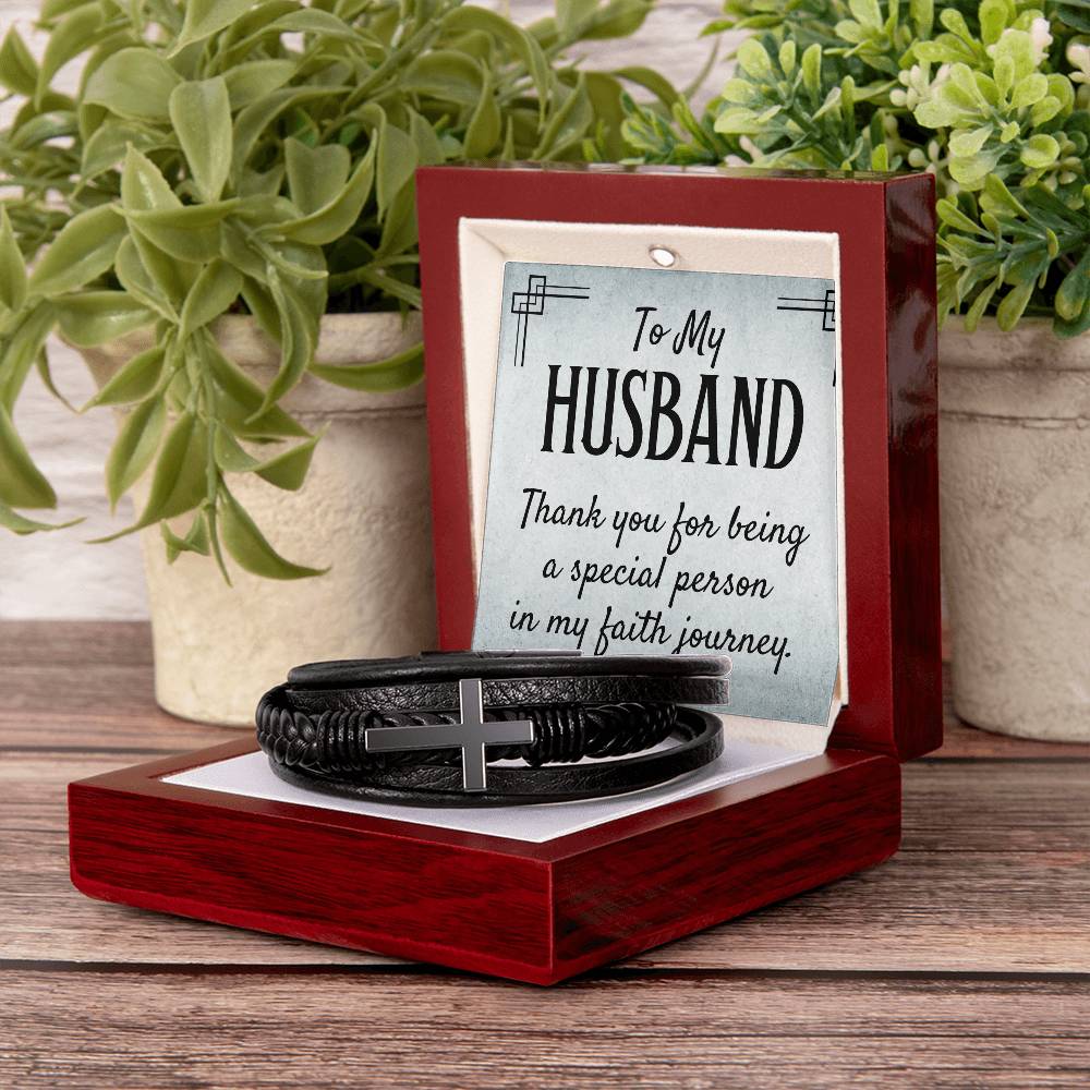 To My Husband | Thank you for being a special person in my Faith journey - Men's Cross Leather Bracelet