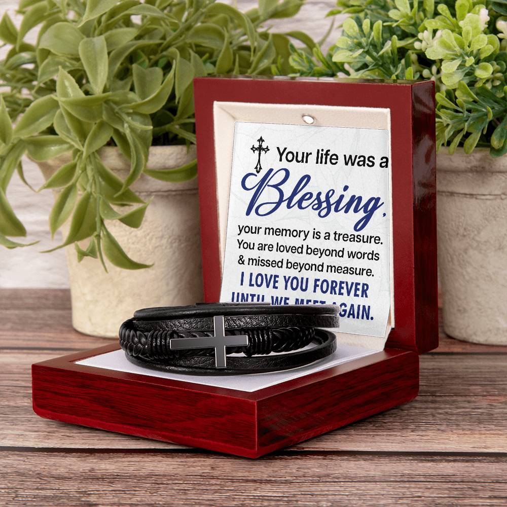 Your life was a Blessing - Men's Cross Leather Bracelet