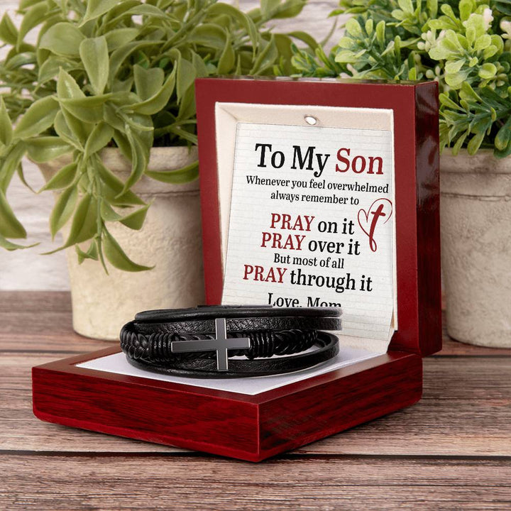 To My Son | Whenever you feel overwhelmed always to remember to Pray - Men's Cross Leather Bracelet