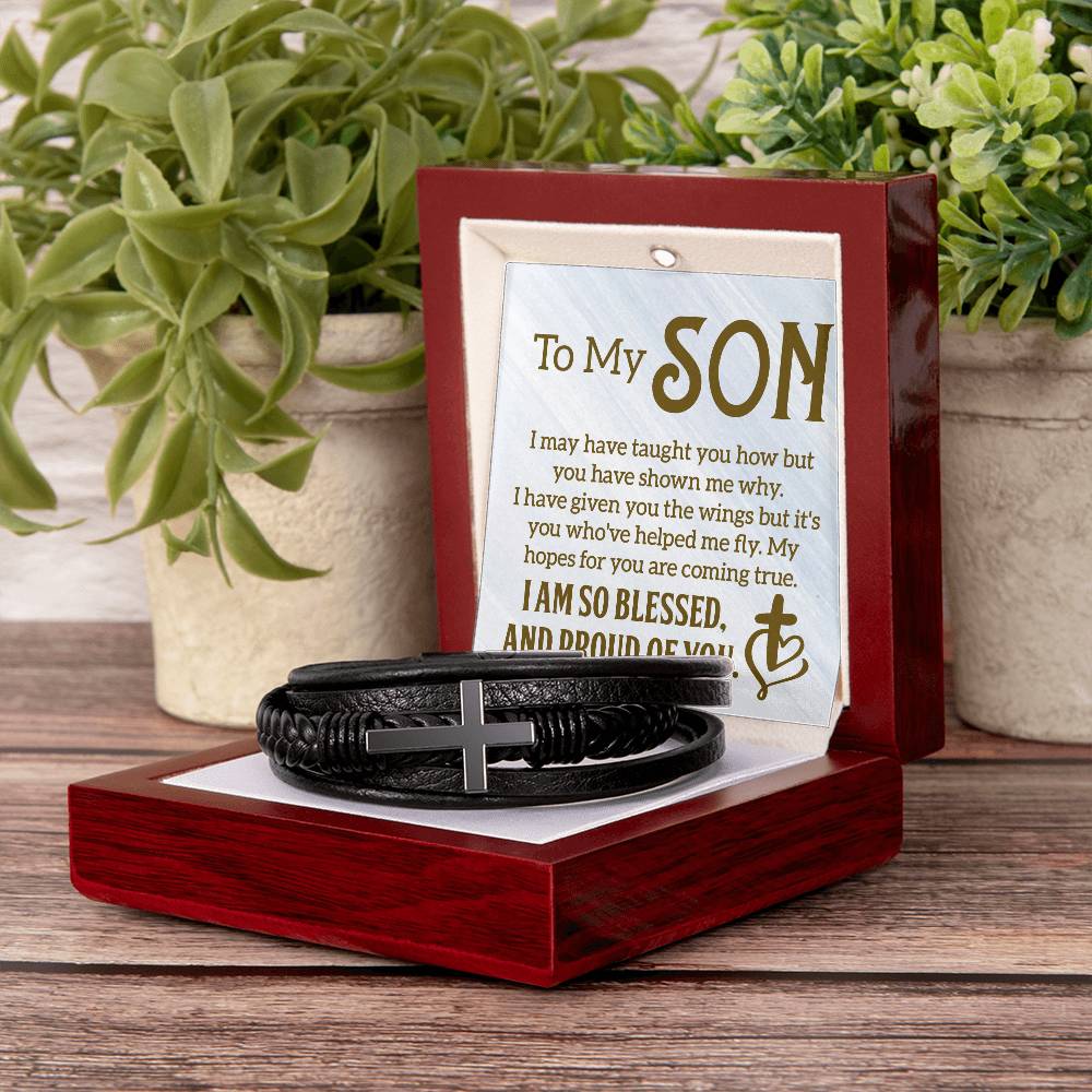 To My Son | I am so Blessed and Proud of You -  Men's Cross Leather Bracelet