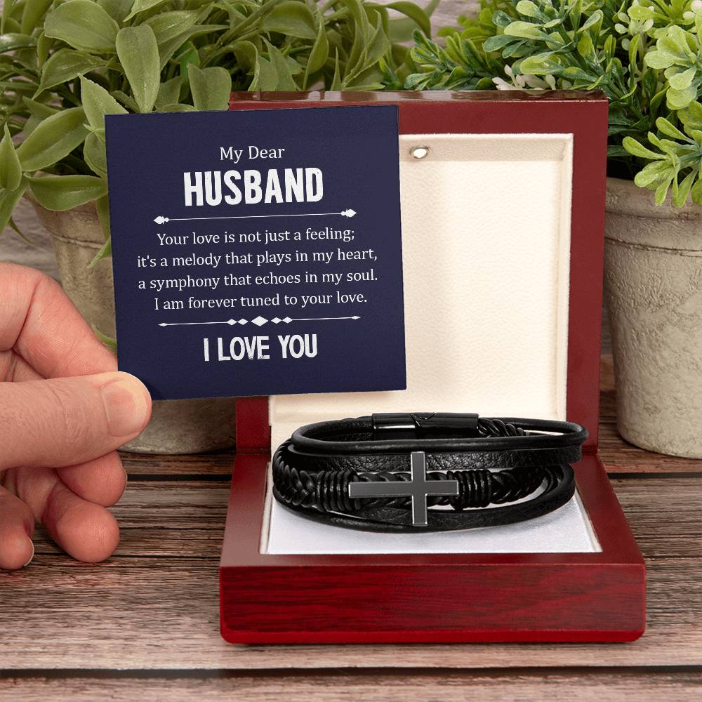 To My Dear Husband | I am forever turned to your Love - Men's Cross Leather Bracelet