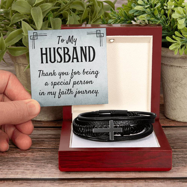 To My Husband | Thank you for being a special person in my Faith journey - Men's Cross Leather Bracelet