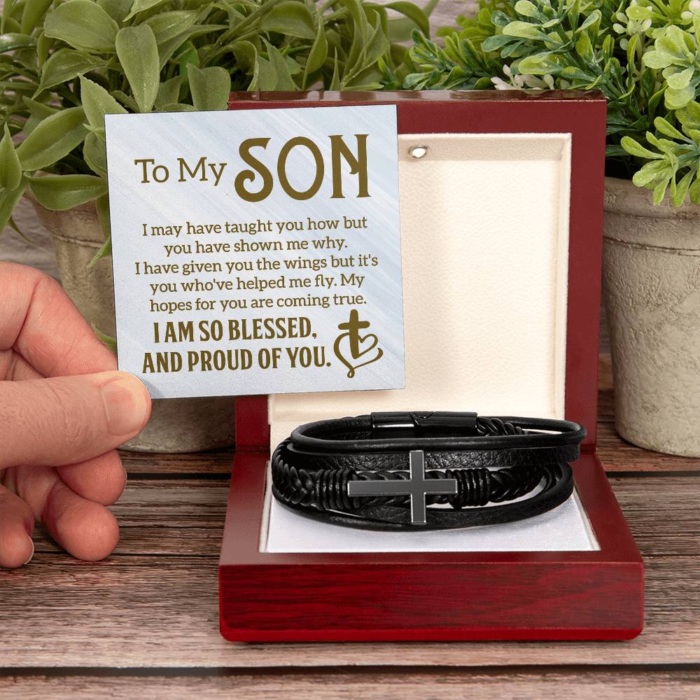 To My Son | I am so Blessed and Proud of You -  Men's Cross Leather Bracelet