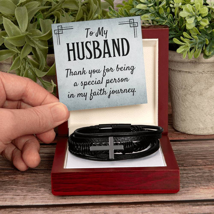 To My Husband | Thank you for being a special person in my Faith journey - Men's Cross Leather Bracelet